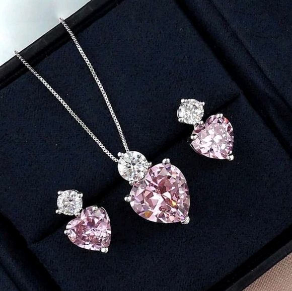 Pink Cubic Zirconia Heart Drop Set Pendant Silver Necklace Earrings - Picture 2 of 7